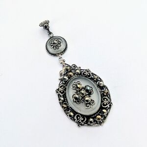 Beautiful Antique Art Deco Filigree Camphor Glass & Marcasite Pendant 3.25"